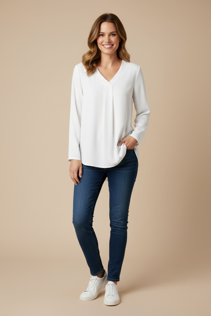 Modelo luciendo blusa cuello V y manga 3/4